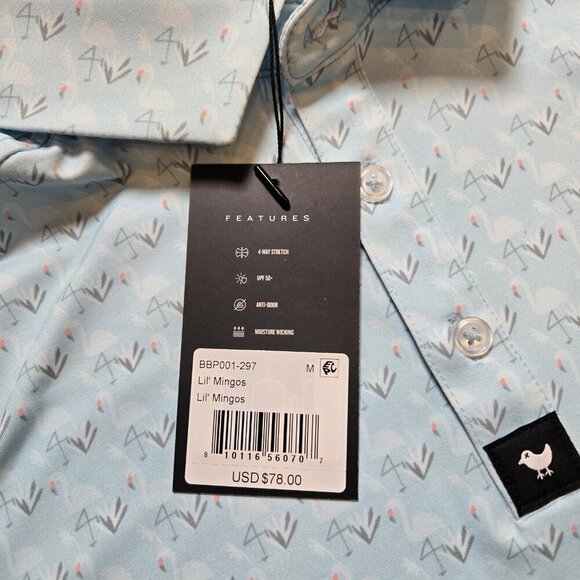 Bad Birdie Shirt Mens Medium Performance Golf Polo AOP Light Blue White Flamingo - Picture 3 of 8